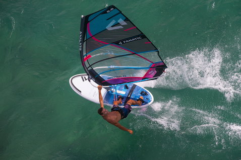 Fanatic Gecko HRS Soft Top windsurf board 156 during windsurfing on turquoise ocean