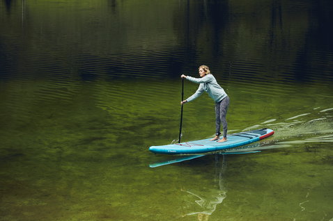 Fanatic Ray Air inflatable touring SUP board during paddling on a calm lake