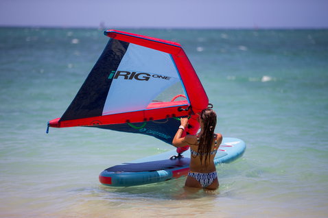 Duotone Viper Air inflatable windsurf SUP board 355cm in teal and navy during windsurfing in the ocean