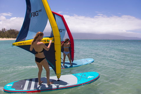Duotone Viper Air inflatable windsurf SUP board 355cm in teal during windsurfing on tropical ocean
