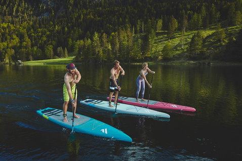 Duotone Ray LTD SUP touring board during stand-up paddleboarding on an alpine lake