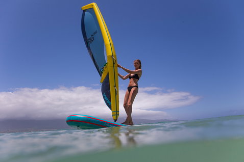 Duotone Viper Air Premium inflatable windsurf SUP board 355cm in teal during windsurfing on the ocean