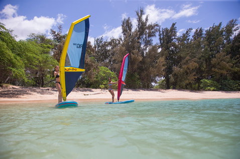 Duotone Viper Air inflatable windsurf SUP board 355cm during windsurfing at a tropical beach lagoon