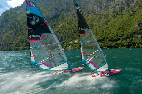 Fanatic Falcon TE slalom windsurf board during racing on Lake Garda with two riders