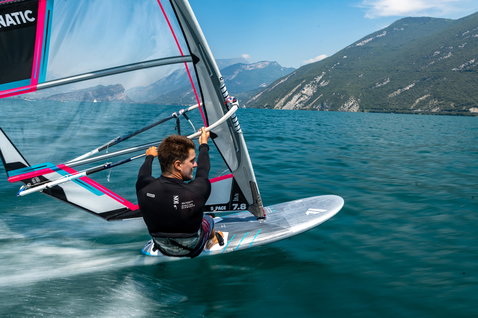 Fanatic Jag LTD slalom freerace windsurf board during windsurfing on Lake Garda