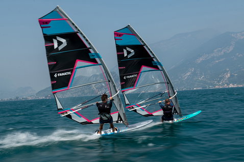 Fanatic Jag LTD windsurf board during freeride windsurfing on Lake Garda with two riders