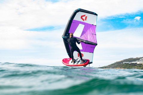 Fanatic Sky Air Premium inflatable foil board during wing foiling on the ocean