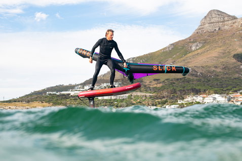 Fanatic Sky Air Premium inflatable foil board during wing foiling off the coast of Cape Town