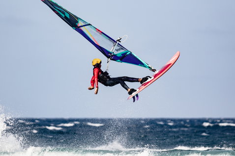 Fanatic Grip XS wave windsurf board during aerial wave windsurfing on the ocean