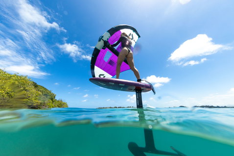 Fanatic X Duotone Carbon TE mast & fuselage set during wing foiling in tropical ocean waters in Mauritius