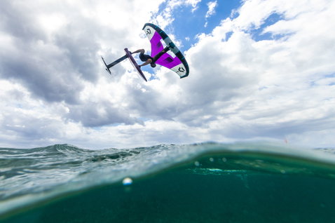 Fanatic X Duotone Collab TE carbon mast and fuselage set during wing foiling over the ocean