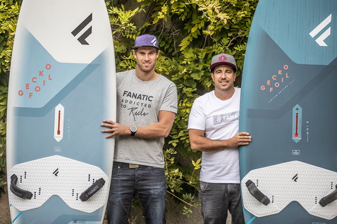 Fanatic Gecko Foil LTD windsurf board 135L in light blue and white held by two athletes