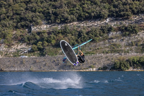 Fanatic Jag LTD windsurf board during windsurfing action at Lake Garda with pro rider Pierre Mortefon
