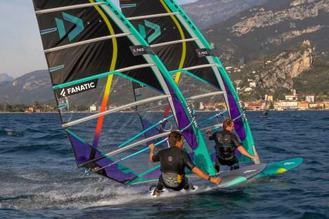 Fanatic Jag LTD freeride windsurf board during windsurfing on Lake Garda with two riders