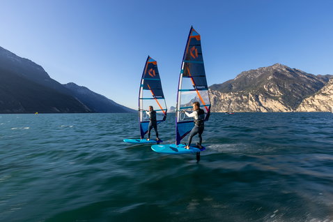 Fanatic Stingray Foil LTD windsurf foil board during wind foiling on an alpine lake