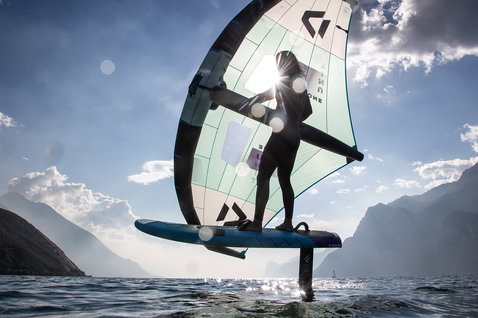 Fanatic Stingray Foil LTD foil board during wing foiling on a mountain lake
