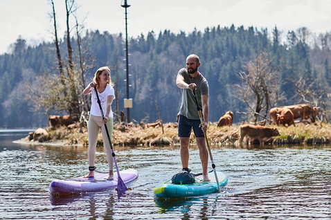 Duotone SUP Ray Air Pocket aufblasbares Touring iSUP beim Stand-up-Paddeln auf einem See im Frühling