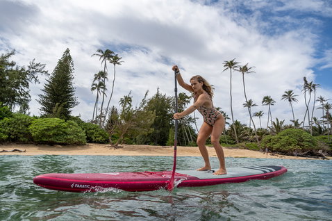 Fanatic Falcon Air Premium inflatable SUP raceboard during stand up paddling in a tropical coastal lagoon
