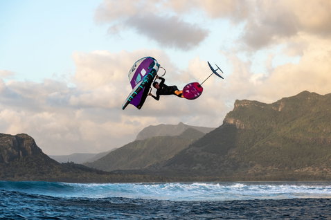 Fanatic Aero Carve foil front wing during wing foiling aerial trick over the ocean in Mauritius