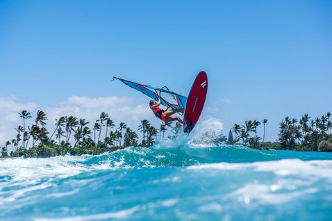 Fanatic FreeWave windsurf board during wave riding on the ocean in Maui