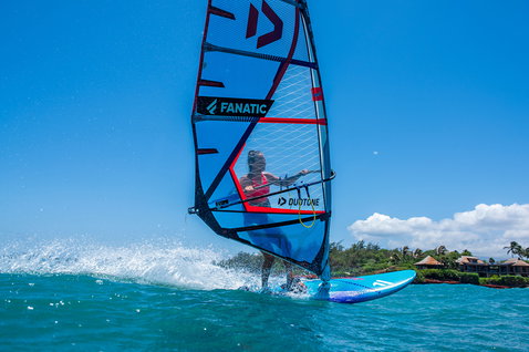Fanatic FreeWave windsurf board during wave riding in Maui, Hawaii