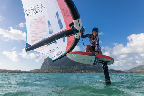 Fanatic X Duotone Carbon TE mast and fuselage set during wing foiling at Le Morne, Mauritius