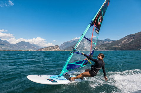 Fanatic Eagle HRS freeride windsurf board during windsurfing on a mountain lake