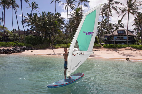 Fanatic Viper Air SLT inflatable windsurf SUP board 11'0'' during windsurfing in a tropical lagoon