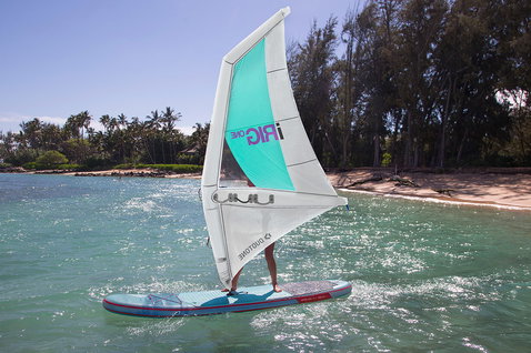 Fanatic Viper Air SLT inflatable windsurf SUP board during windsurfing in a tropical lagoon